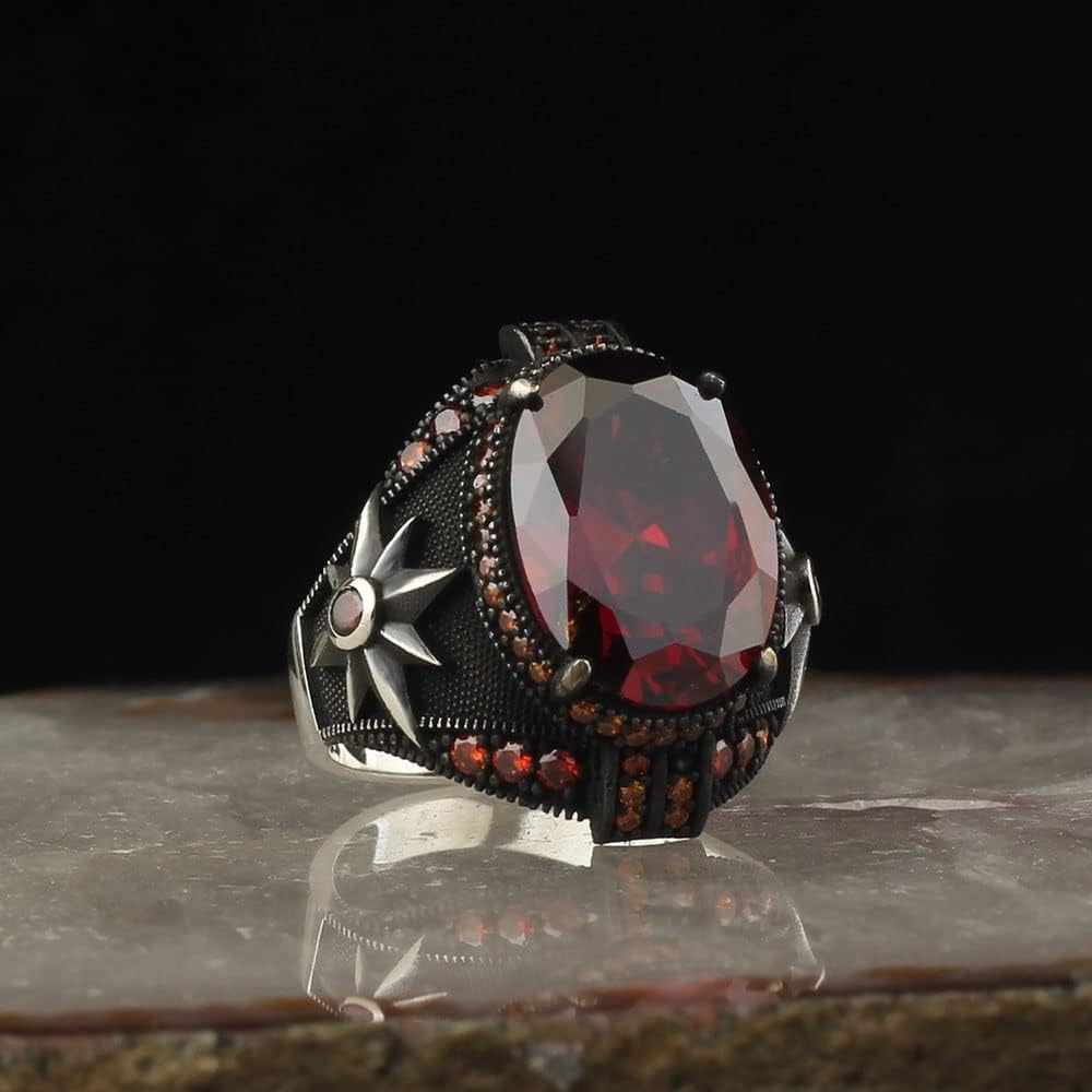 925 Sterling Silver Garnet Stone Compass Detailed Men Silver Ring, Garnet Stone Men's Ring, Handmade Engraved Men's Silver Ring, Turkish Silver Ring gifts for men handmade rings valentines day gift