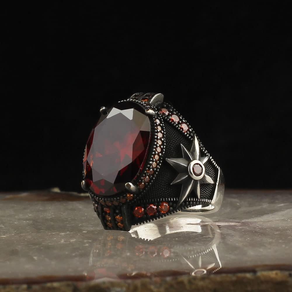 925 Sterling Silver Garnet Stone Compass Detailed Men Silver Ring, Garnet Stone Men's Ring, Handmade Engraved Men's Silver Ring, Turkish Silver Ring gifts for men handmade rings valentines day gift