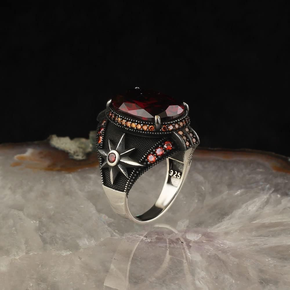925 Sterling Silver Garnet Stone Compass Detailed Men Silver Ring, Garnet Stone Men's Ring, Handmade Engraved Men's Silver Ring, Turkish Silver Ring gifts for men handmade rings valentines day gift