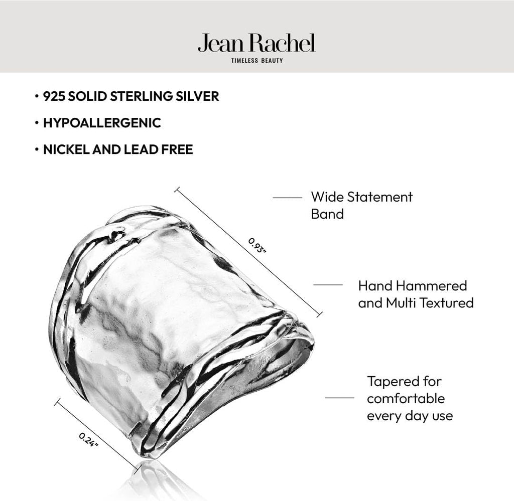 JEAN RACHEL JEWELRY 925 Sterling Silver Ring - Wide with Hammered Finish Vintage Design - Hypoallergenic, Lead & Nickel Free Jewelry - Artisan Handcrafted Statement Rings for Women