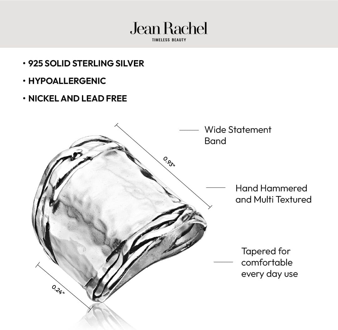 JEAN RACHEL JEWELRY 925 Sterling Silver Ring - Wide with Hammered Finish Vintage Design - Hypoallergenic, Lead & Nickel Free Jewelry - Artisan Handcrafted Statement Rings for Women