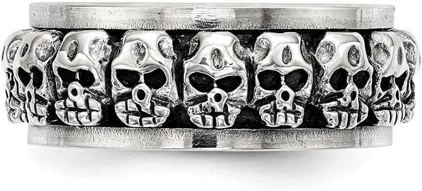 Diamond2Deal 925 Sterling Silver Polished Spinning Center Antiqued Skull Ring