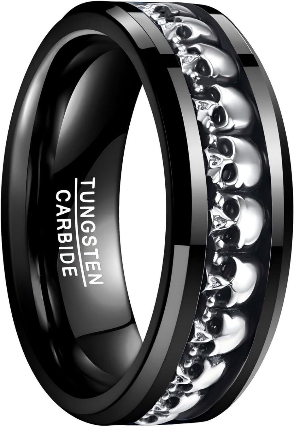 NUNCAD Personalized Mens Rings Sterling Silver Skull Inlay Black/Silver Tungsten Carbide Band 8mm Gothic Demon Skeleton Engraved Band Viking Jewelry Gift Comfort Fit Size 8-13