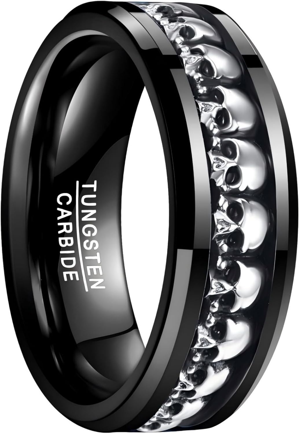 NUNCAD Personalized Mens Rings Sterling Silver Skull Inlay Black/Silver Tungsten Carbide Band 8mm Gothic Demon Skeleton Engraved Band Viking Jewelry Gift Comfort Fit Size 8-13
