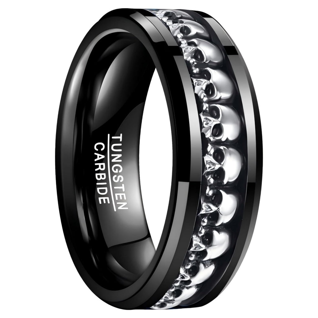 NUNCAD Personalized Mens Rings Sterling Silver Skull Inlay Black/Silver Tungsten Carbide Band 8mm Gothic Demon Skeleton Engraved Band Viking Jewelry Gift Comfort Fit Size 8-13