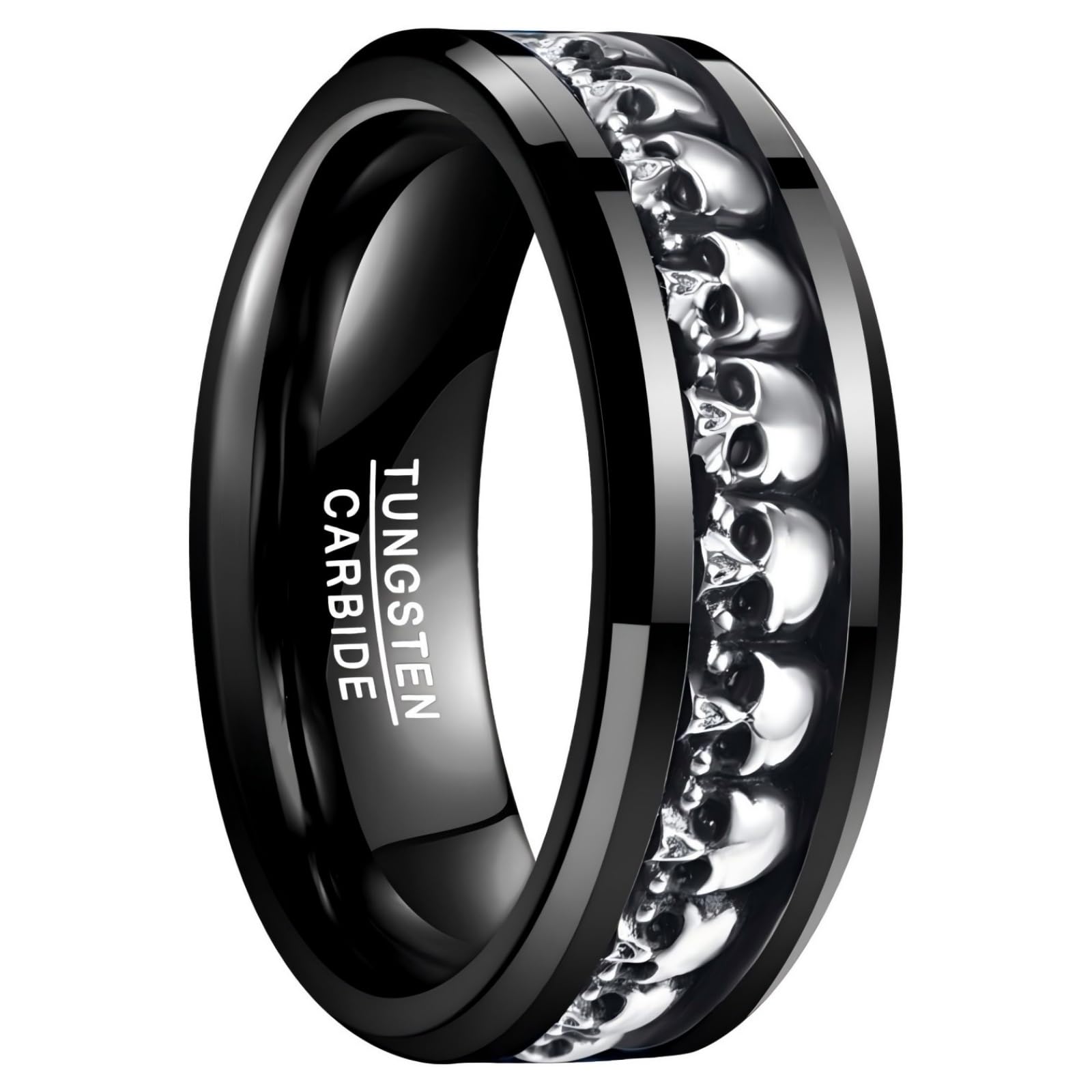 NUNCAD Personalized Mens Rings Sterling Silver Skull Inlay Black/Silver Tungsten Carbide Band 8mm Gothic Demon Skeleton Engraved Band Viking Jewelry Gift Comfort Fit Size 8-13