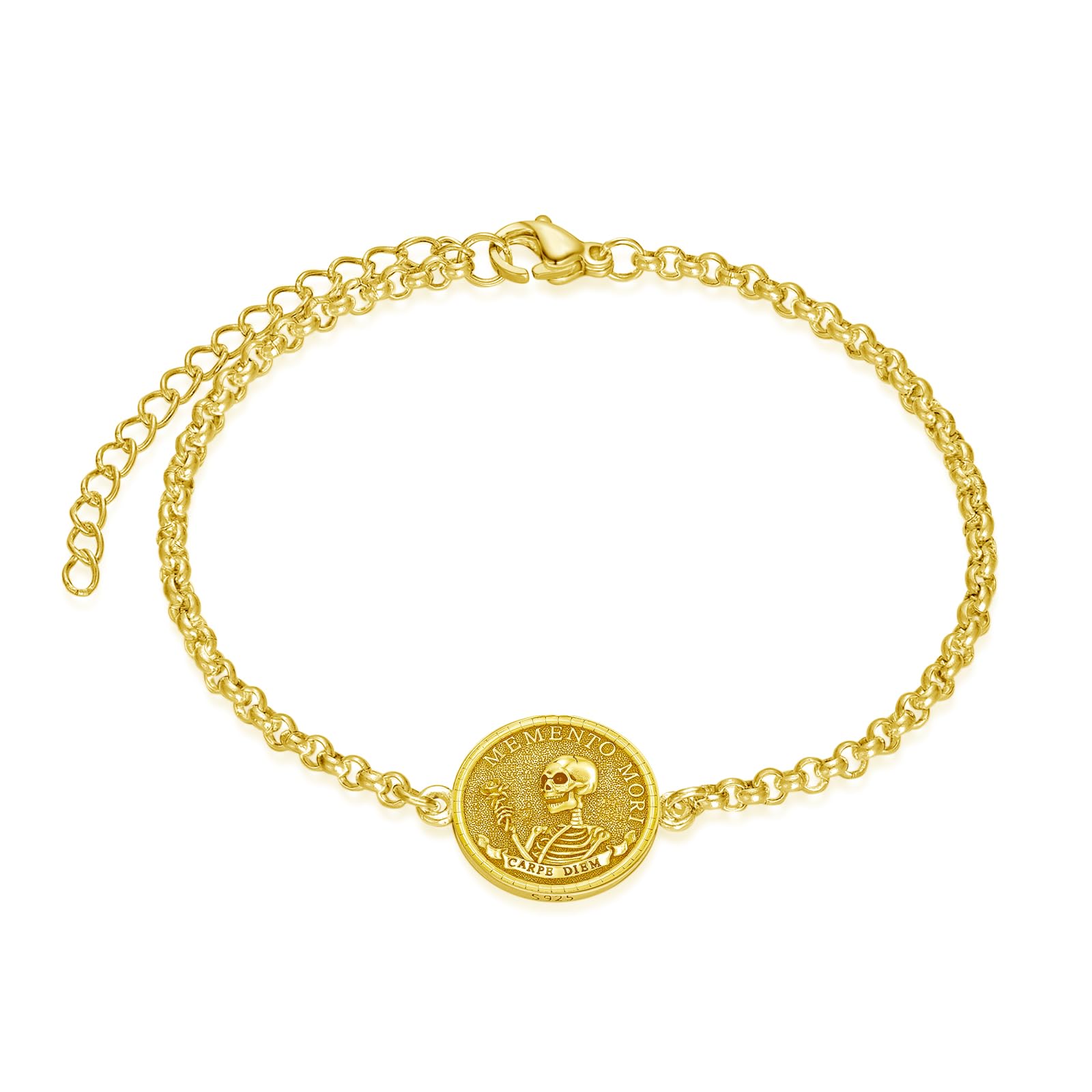 PELOVNY Memento Mori Bracelet 925 Sterling Silver Skull Bracelet Carpe Diem Anklet Stoic Skull Jewelry Stoicism Gifts for Men Women Unisex