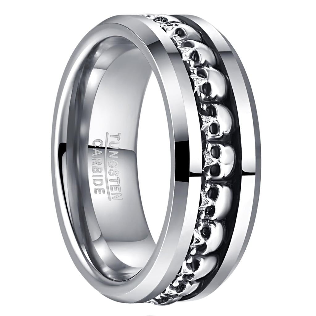 NUNCAD Personalized Mens Rings Sterling Silver Skull Inlay Black/Silver Tungsten Carbide Band 8mm Gothic Demon Skeleton Engraved Band Viking Jewelry Gift Comfort Fit Size 8-13