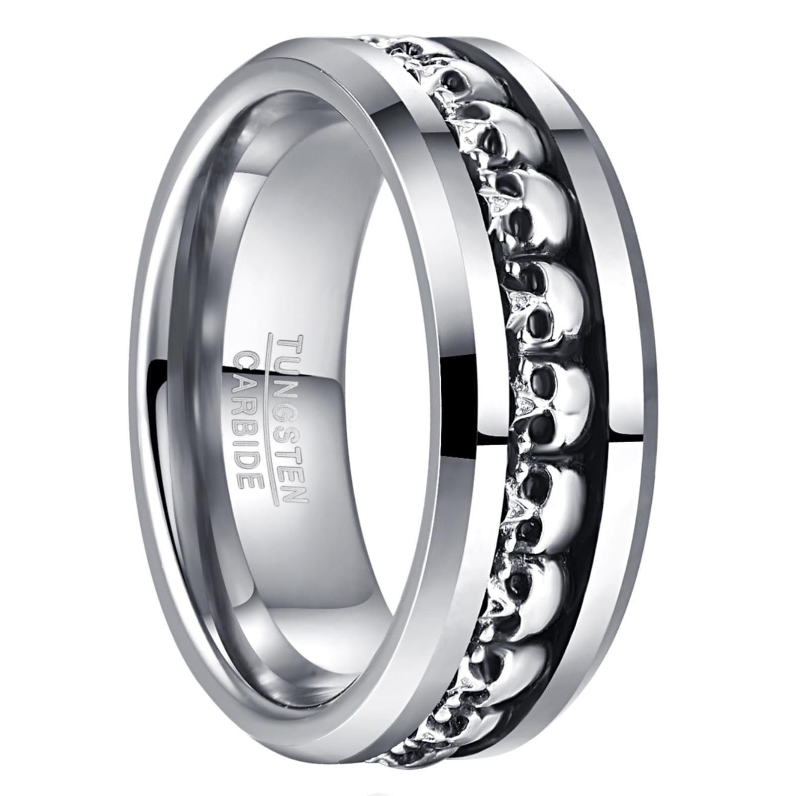 NUNCAD Personalized Mens Rings Sterling Silver Skull Inlay Black/Silver Tungsten Carbide Band 8mm Gothic Demon Skeleton Engraved Band Viking Jewelry Gift Comfort Fit Size 8-13