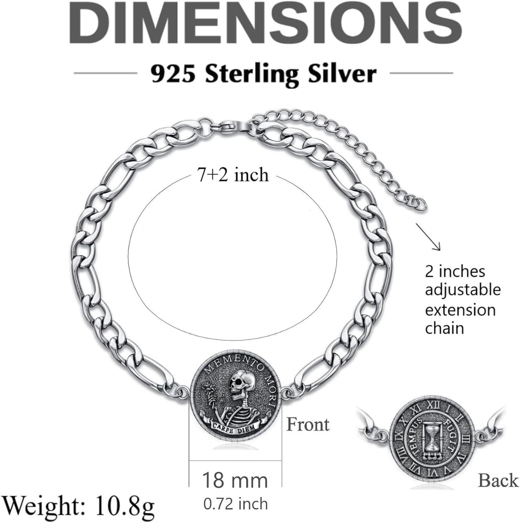 PELOVNY Memento Mori Bracelet 925 Sterling Silver Skull Bracelet Carpe Diem Anklet Stoic Skull Jewelry Stoicism Gifts for Men Women Unisex