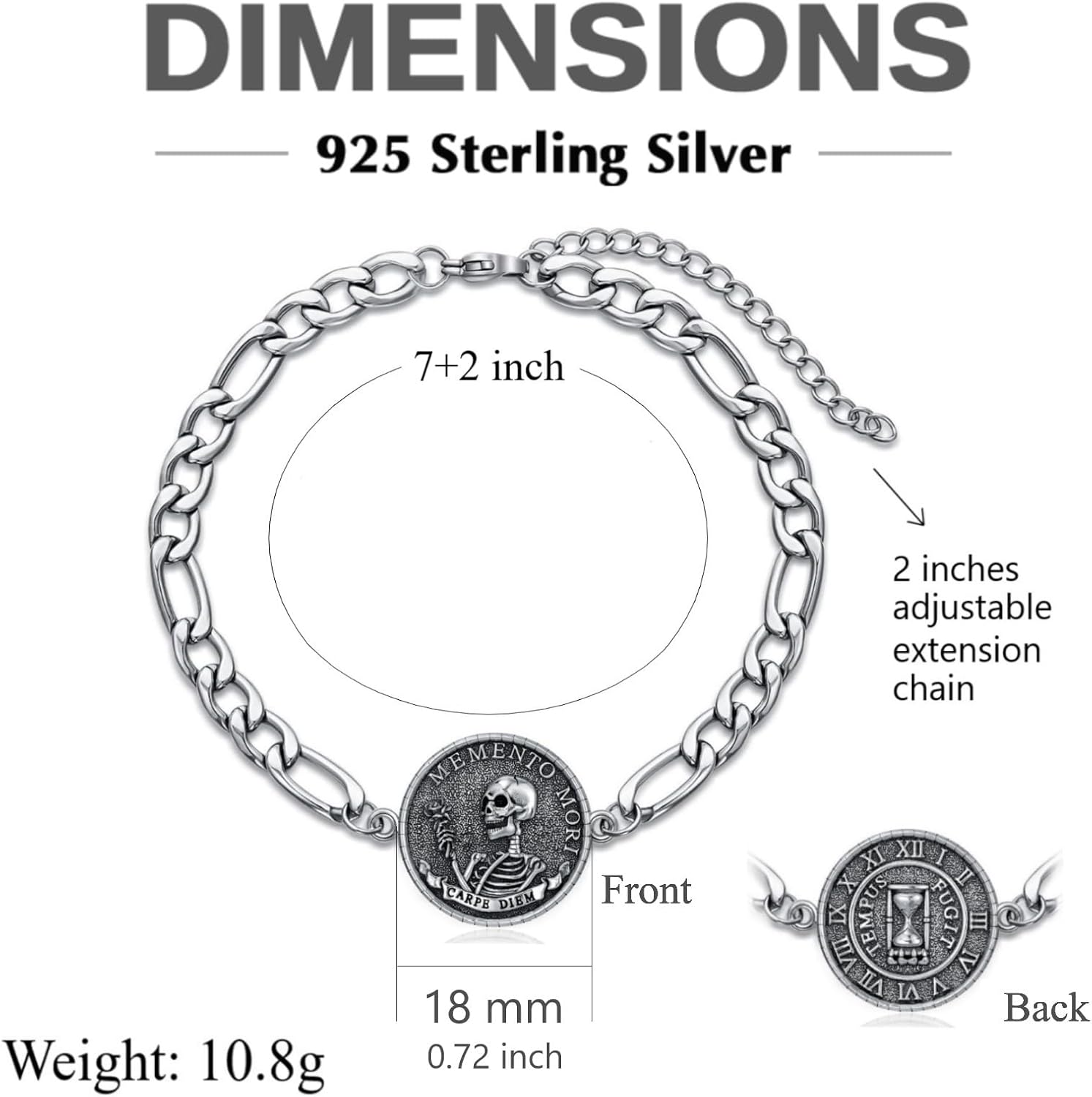 PELOVNY Memento Mori Bracelet 925 Sterling Silver Skull Bracelet Carpe Diem Anklet Stoic Skull Jewelry Stoicism Gifts for Men Women Unisex