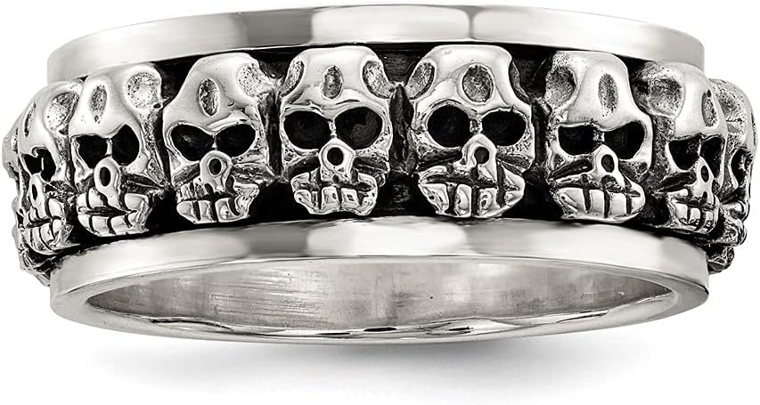 Diamond2Deal 925 Sterling Silver Polished Spinning Center Antiqued Skull Ring