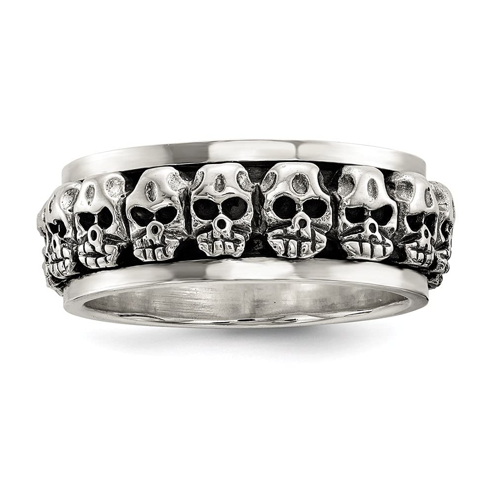 Diamond2Deal 925 Sterling Silver Polished Spinning Center Antiqued Skull Ring