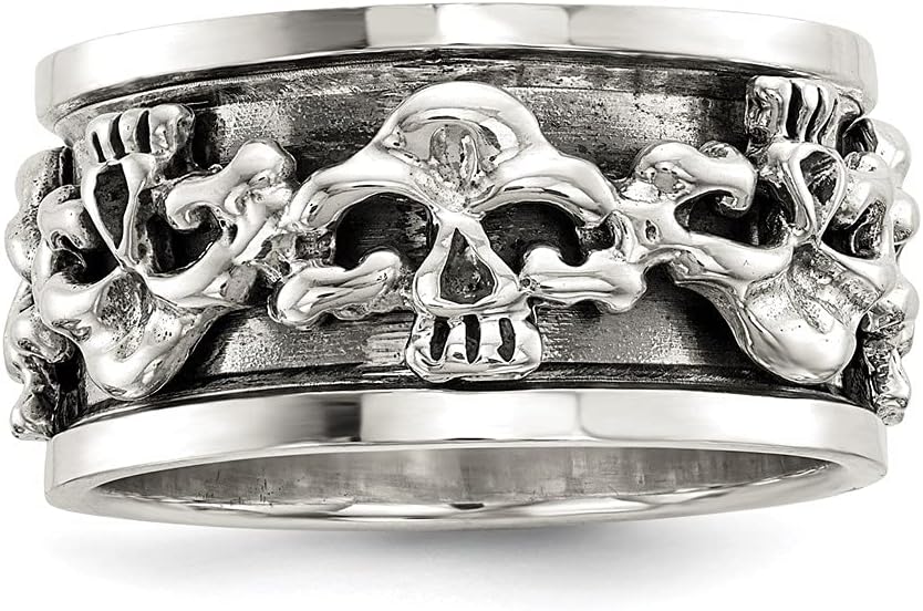 Diamond2Deal Solid 925 Sterling Silver Polished Spinning Center Antiqued Skull Ring