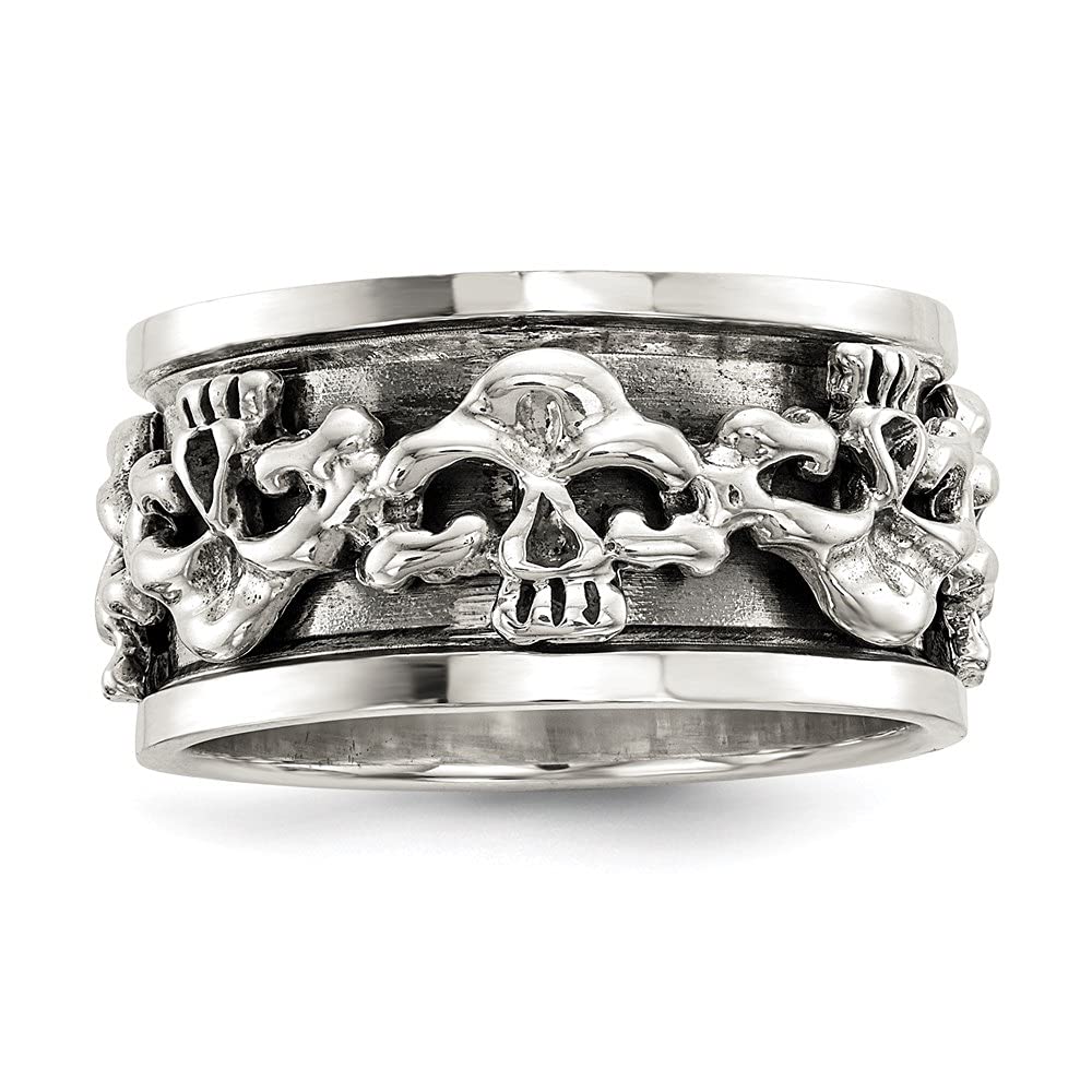 Diamond2Deal Solid 925 Sterling Silver Polished Spinning Center Antiqued Skull Ring