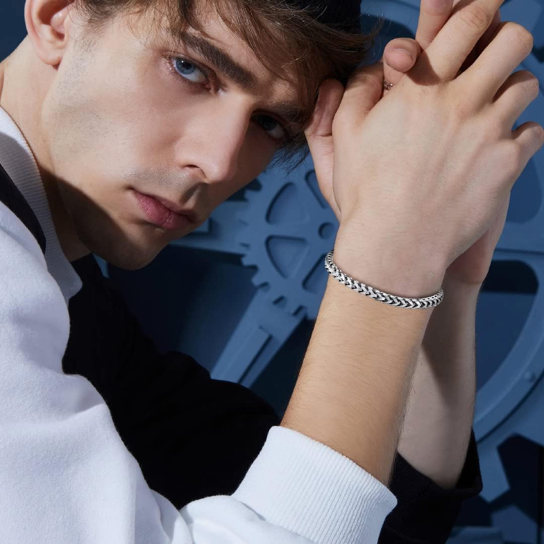 Mens Bracelet - Stainless Steel Fold Over Clasp Franco Chain Bracelets for Men Jewelry Gifts for Dad Grandpa Husband