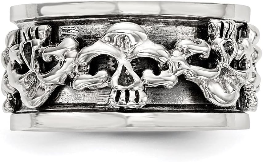 Diamond2Deal Solid 925 Sterling Silver Polished Spinning Center Antiqued Skull Ring