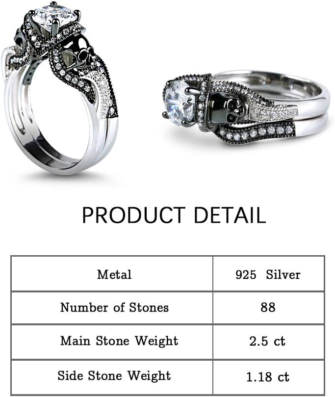Jeulia 3.68 Carat Twist Skull Rings for Women Sterling Silver Two Tone Twist Band Rings White Diamond Bridal Ring Set Black Plated Engagement Promise Rings with Jewelry Gift Box