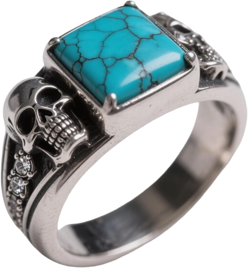 Diamond Skull Genuine Turquoise Personalized Name Ring for Men,925 Sterling Silver Vintage Real Natural Gemstone Pinky Thumb Western Nautical Band Ring for Dad Father Husband Turquoise Skull Lover, Size 6-14