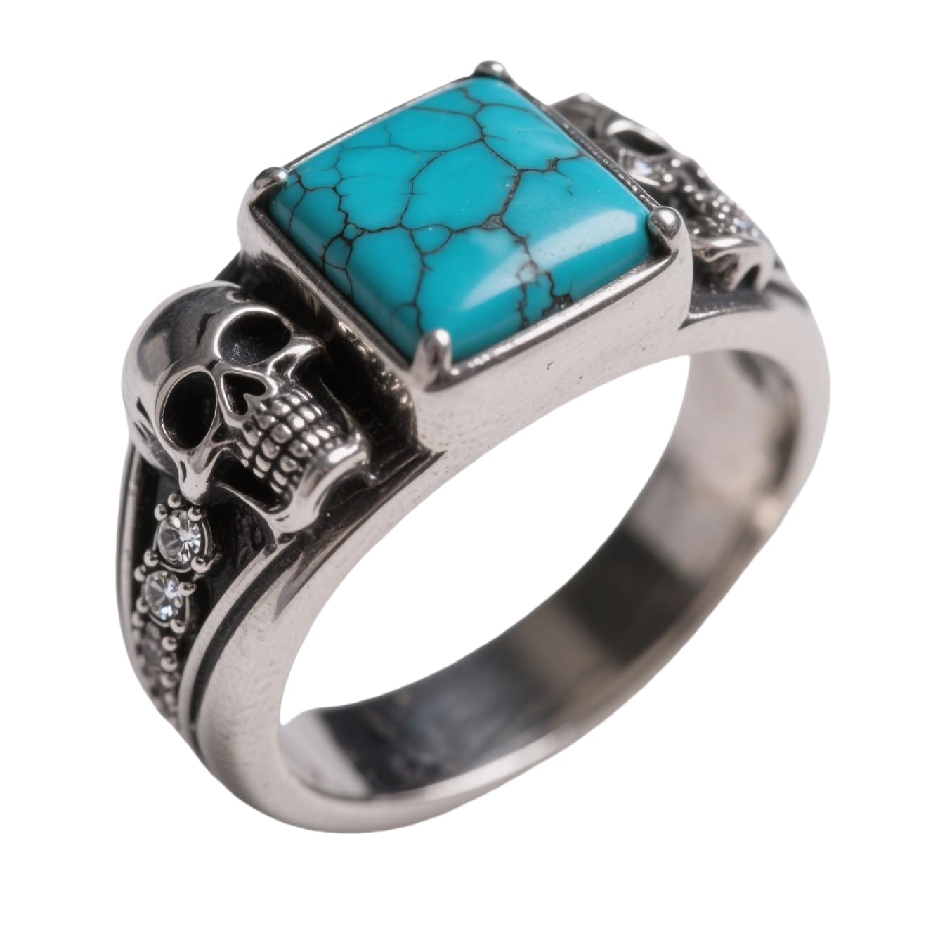 Diamond Skull Genuine Turquoise Personalized Name Ring for Men,925 Sterling Silver Vintage Real Natural Gemstone Pinky Thumb Western Nautical Band Ring for Dad Father Husband Turquoise Skull Lover, Size 6-14