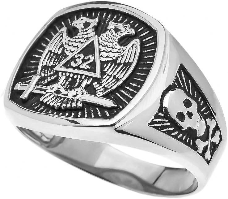 Men's Sterling Silver Scottish Rite 32nd Degree Skull and Crossbones Masonic Ring (Size 9)