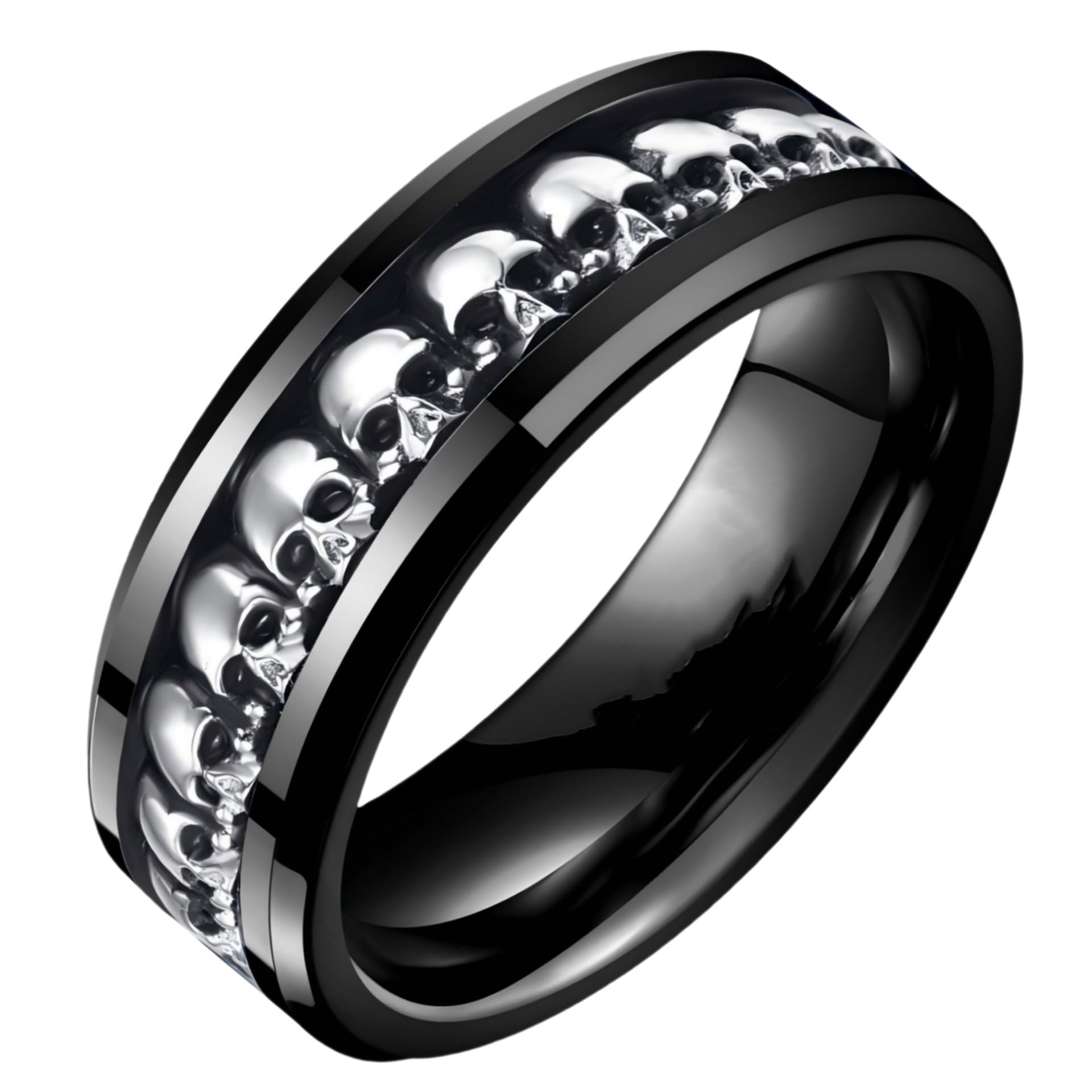 NUNCAD Personalized Mens Rings Sterling Silver Skull Inlay Black/Silver Tungsten Carbide Band 8mm Gothic Demon Skeleton Engraved Band Viking Jewelry Gift Comfort Fit Size 8-13