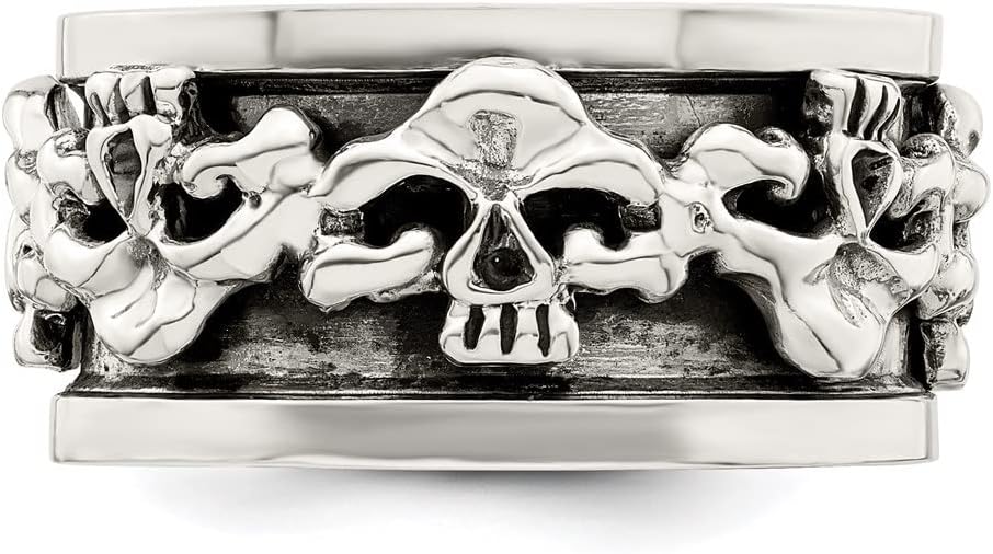 Diamond2Deal Solid 925 Sterling Silver Polished Spinning Center Antiqued Skull Ring