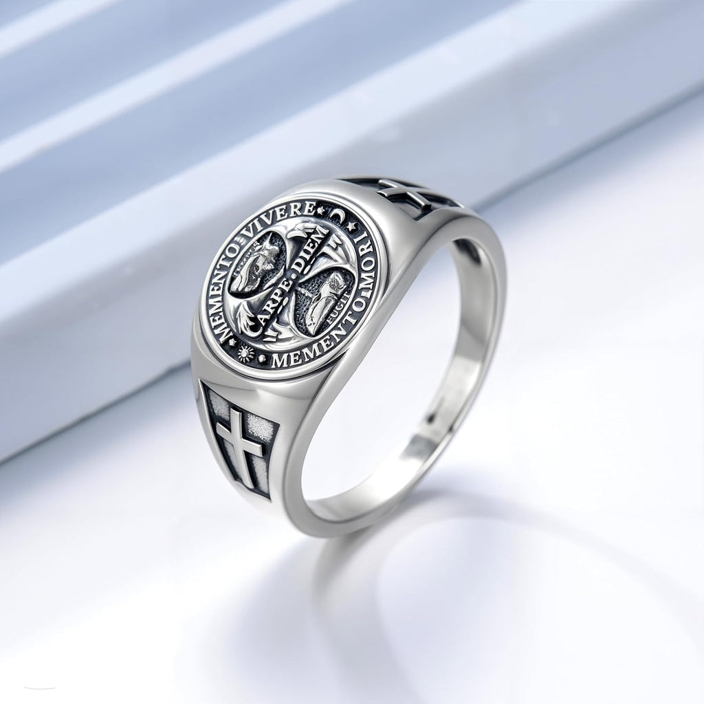 PELOVNY Memento Mori Signet Rings 925 Sterling Silver Gothic Skull Ring Stoic Momento Mori Jewelry Gifts for Men Women