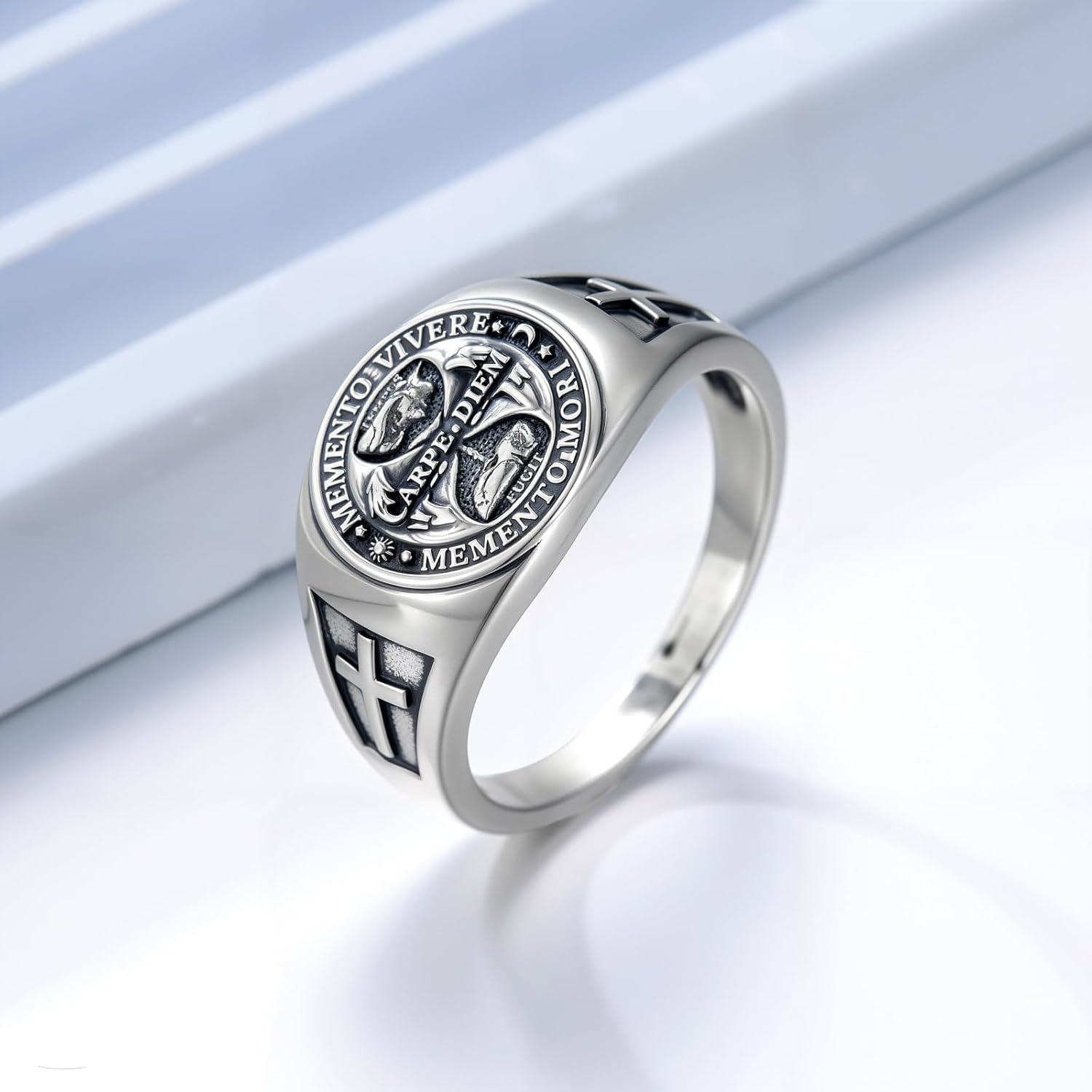 PELOVNY Memento Mori Signet Rings 925 Sterling Silver Gothic Skull Ring Stoic Momento Mori Jewelry Gifts for Men Women