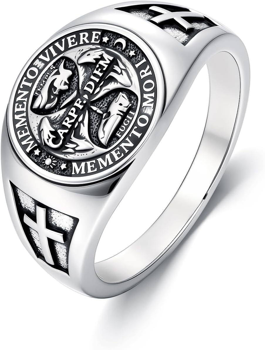 PELOVNY Memento Mori Signet Rings 925 Sterling Silver Gothic Skull Ring Stoic Momento Mori Jewelry Gifts for Men Women