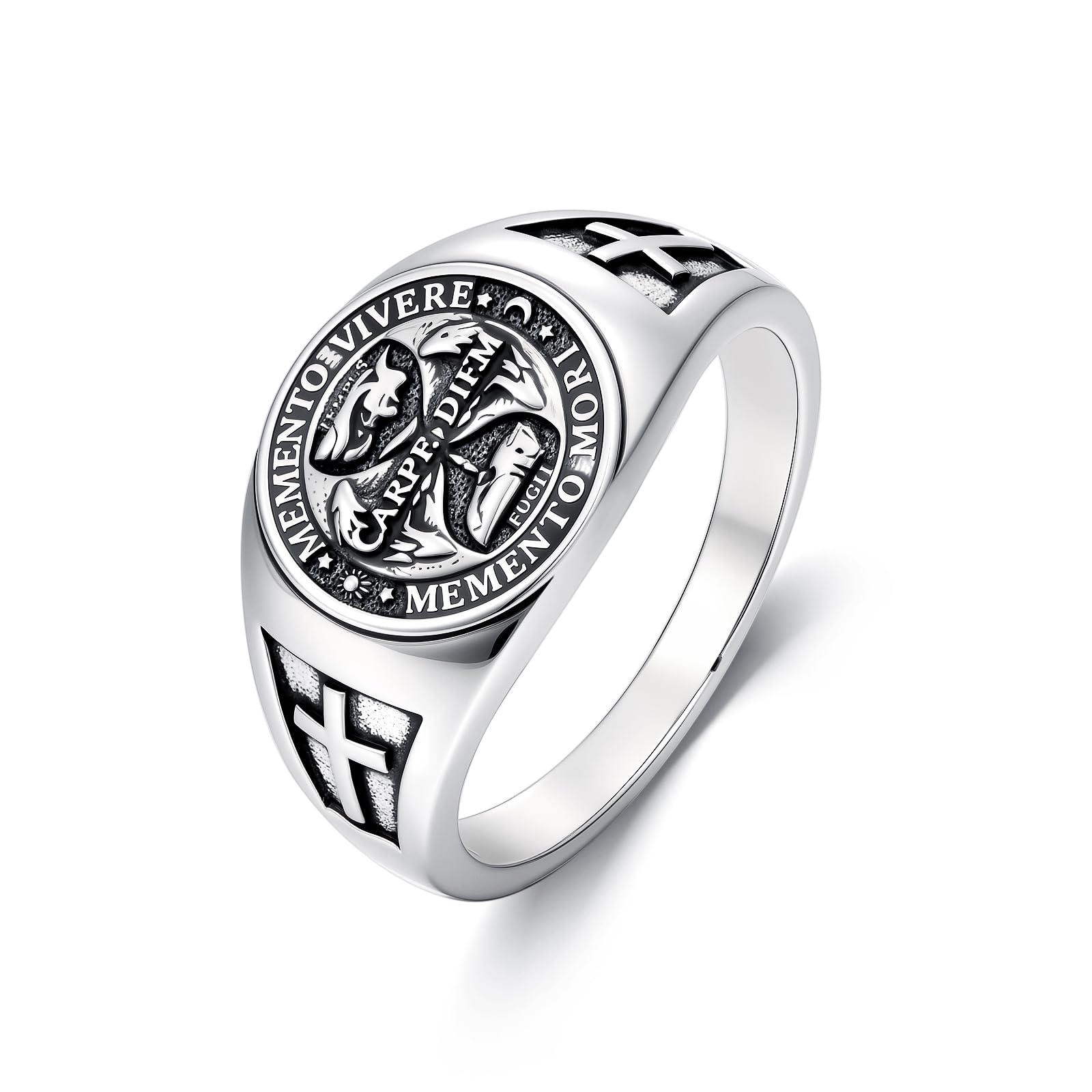 PELOVNY Memento Mori Signet Rings 925 Sterling Silver Gothic Skull Ring Stoic Momento Mori Jewelry Gifts for Men Women