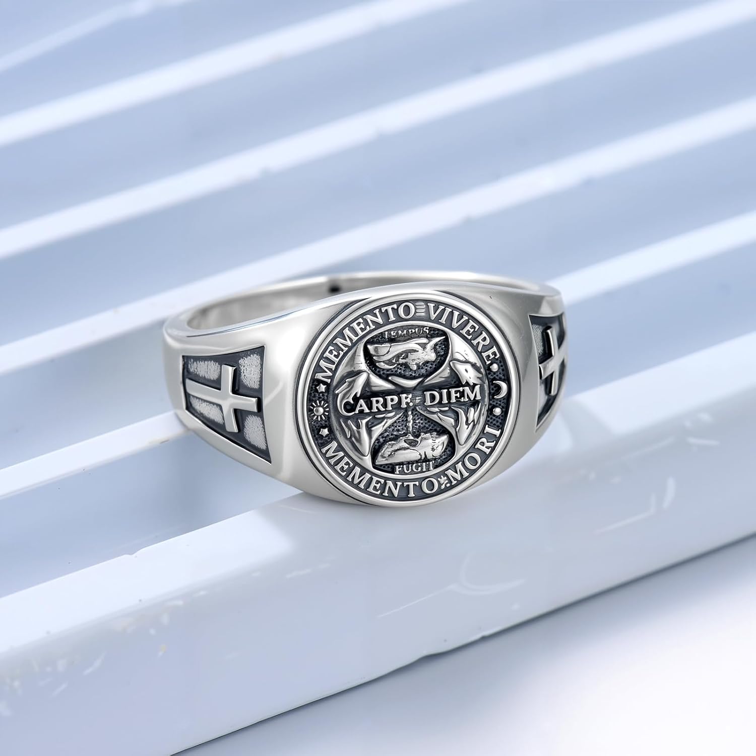 PELOVNY Memento Mori Signet Rings 925 Sterling Silver Gothic Skull Ring Stoic Momento Mori Jewelry Gifts for Men Women
