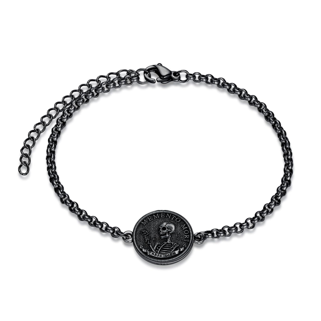 PELOVNY Memento Mori Bracelet 925 Sterling Silver Skull Bracelet Carpe Diem Anklet Stoic Skull Jewelry Stoicism Gifts for Men Women Unisex