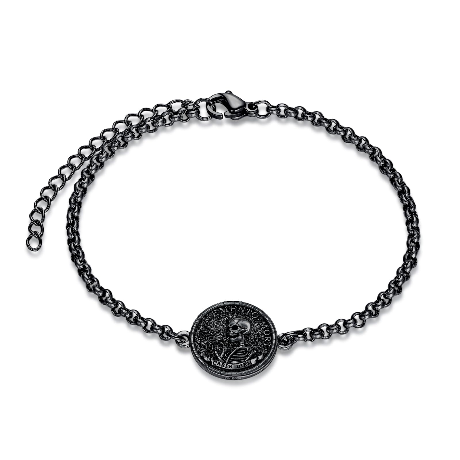 PELOVNY Memento Mori Bracelet 925 Sterling Silver Skull Bracelet Carpe Diem Anklet Stoic Skull Jewelry Stoicism Gifts for Men Women Unisex