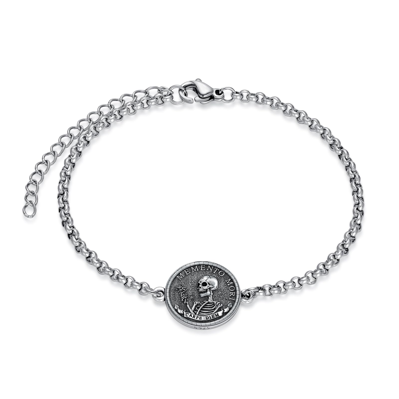 PELOVNY Memento Mori Bracelet 925 Sterling Silver Skull Bracelet Carpe Diem Anklet Stoic Skull Jewelry Stoicism Gifts for Men Women Unisex