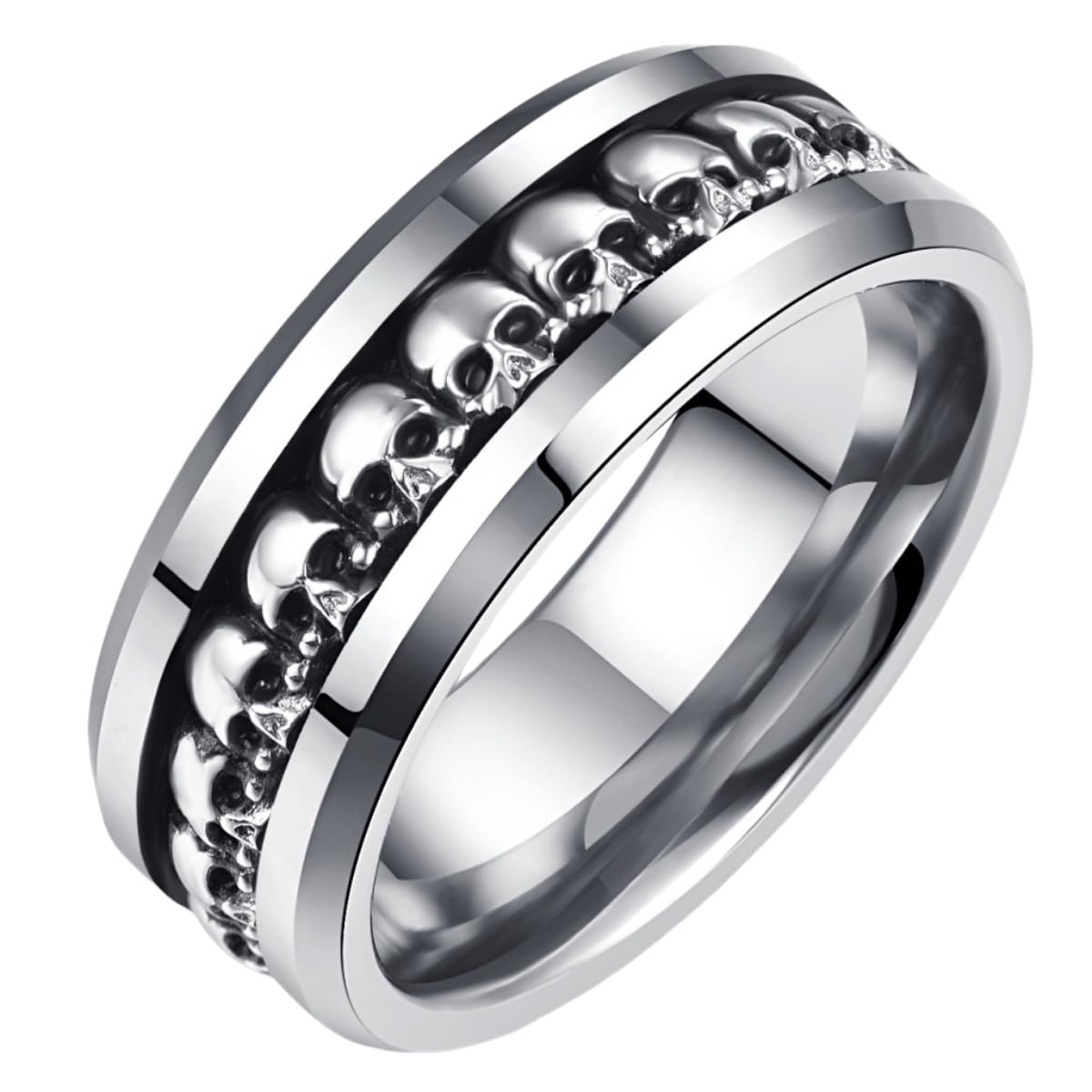 NUNCAD Personalized Mens Rings Sterling Silver Skull Inlay Black/Silver Tungsten Carbide Band 8mm Gothic Demon Skeleton Engraved Band Viking Jewelry Gift Comfort Fit Size 8-13