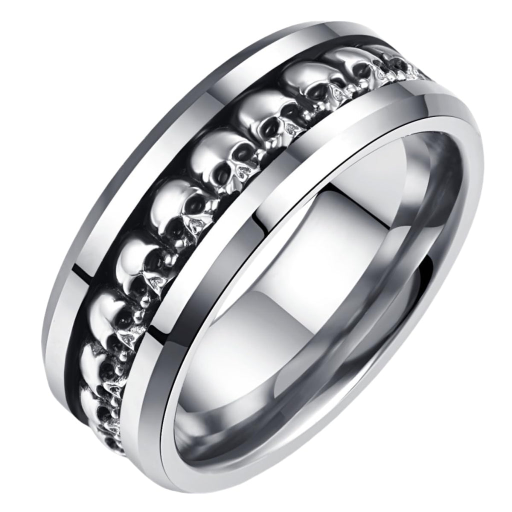 NUNCAD Personalized Mens Rings Sterling Silver Skull Inlay Black/Silver Tungsten Carbide Band 8mm Gothic Demon Skeleton Engraved Band Viking Jewelry Gift Comfort Fit Size 8-13