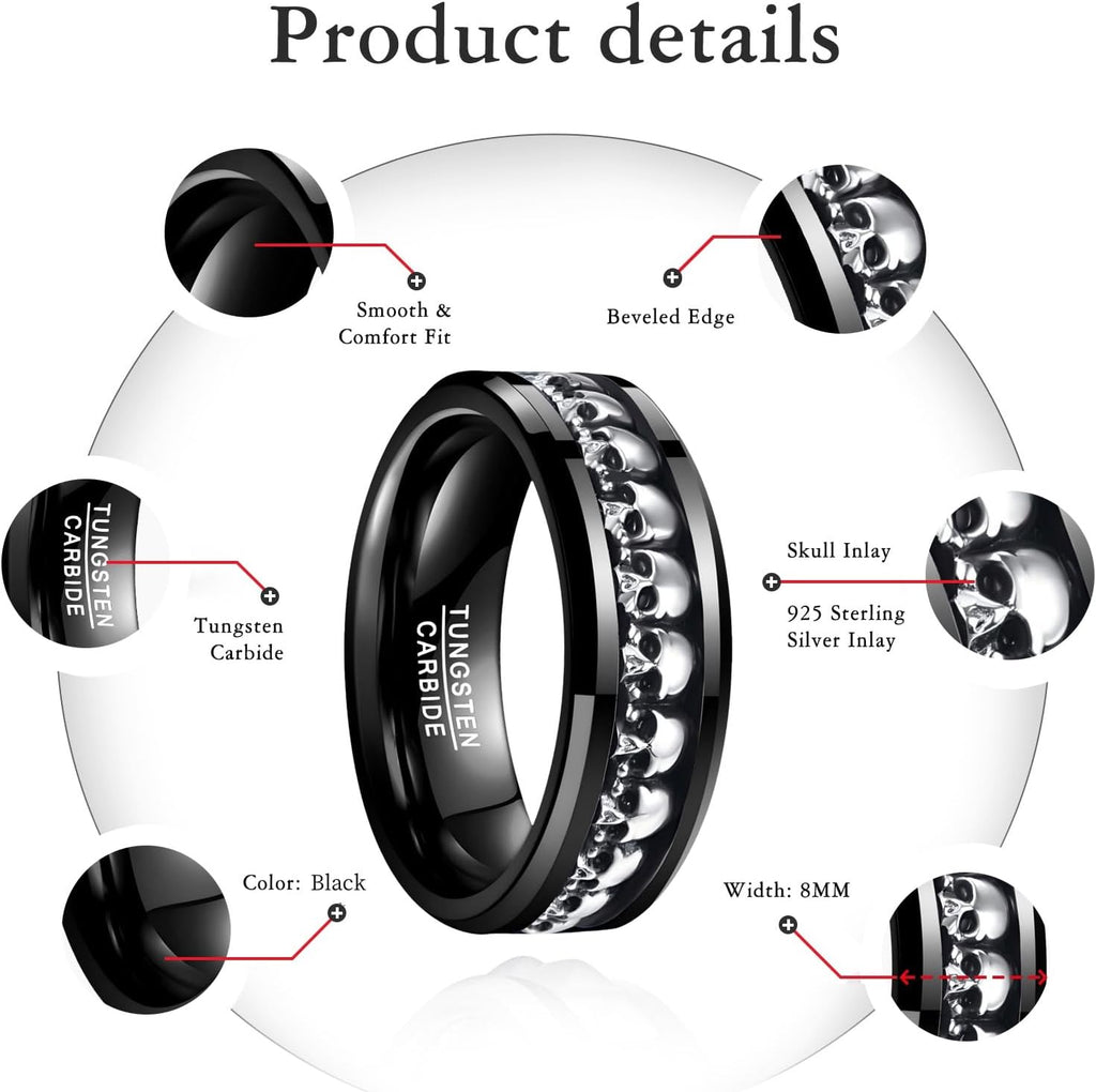 NUNCAD Personalized Mens Rings Sterling Silver Skull Inlay Black/Silver Tungsten Carbide Band 8mm Gothic Demon Skeleton Engraved Band Viking Jewelry Gift Comfort Fit Size 8-13