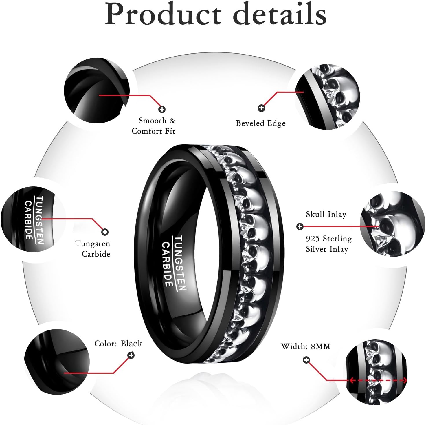NUNCAD Personalized Mens Rings Sterling Silver Skull Inlay Black/Silver Tungsten Carbide Band 8mm Gothic Demon Skeleton Engraved Band Viking Jewelry Gift Comfort Fit Size 8-13