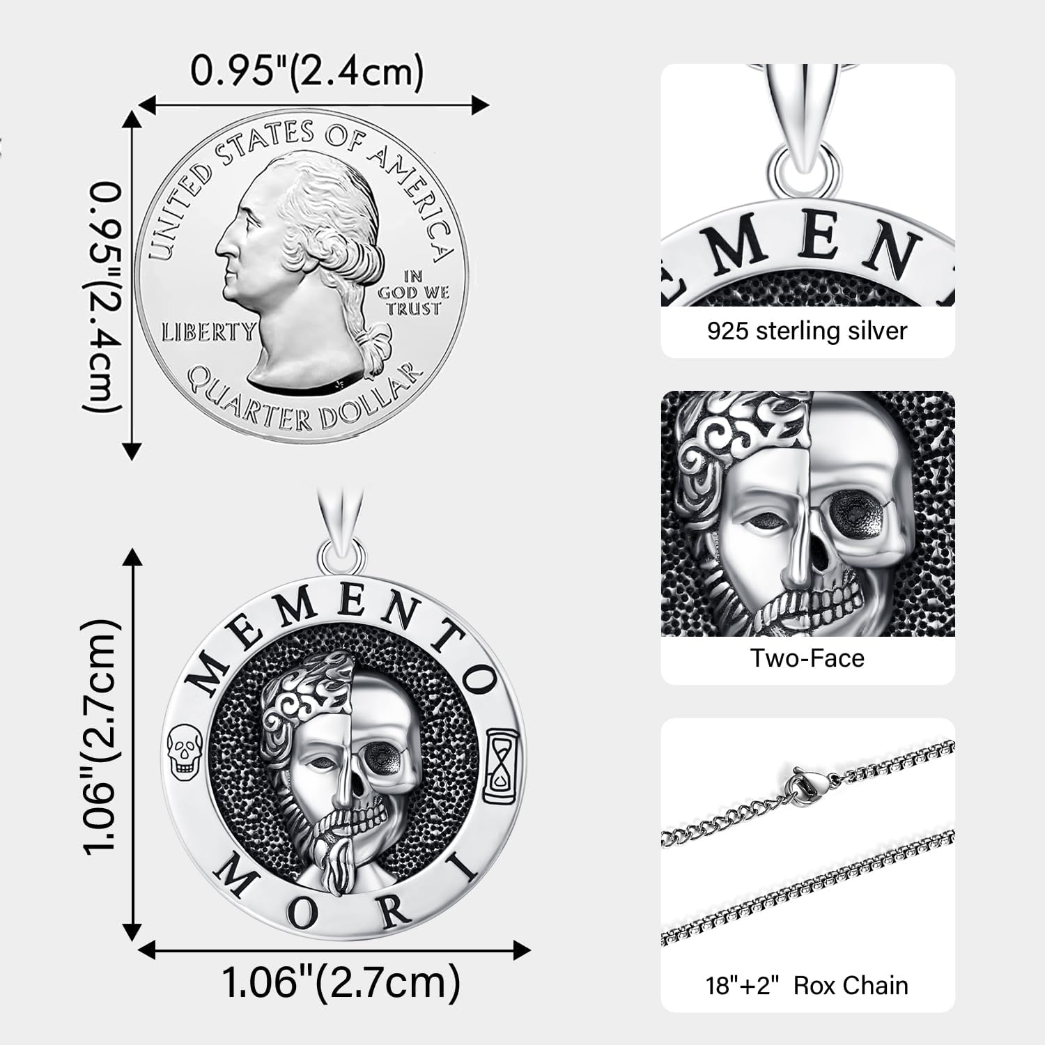 JUSTKIDSTOY Memento Mori Necklace 925 Sterling Silver Marcus Aurelius Skull Pendant Necklace Stoic Reminder Necklace Jewelry Gifts for Men Women