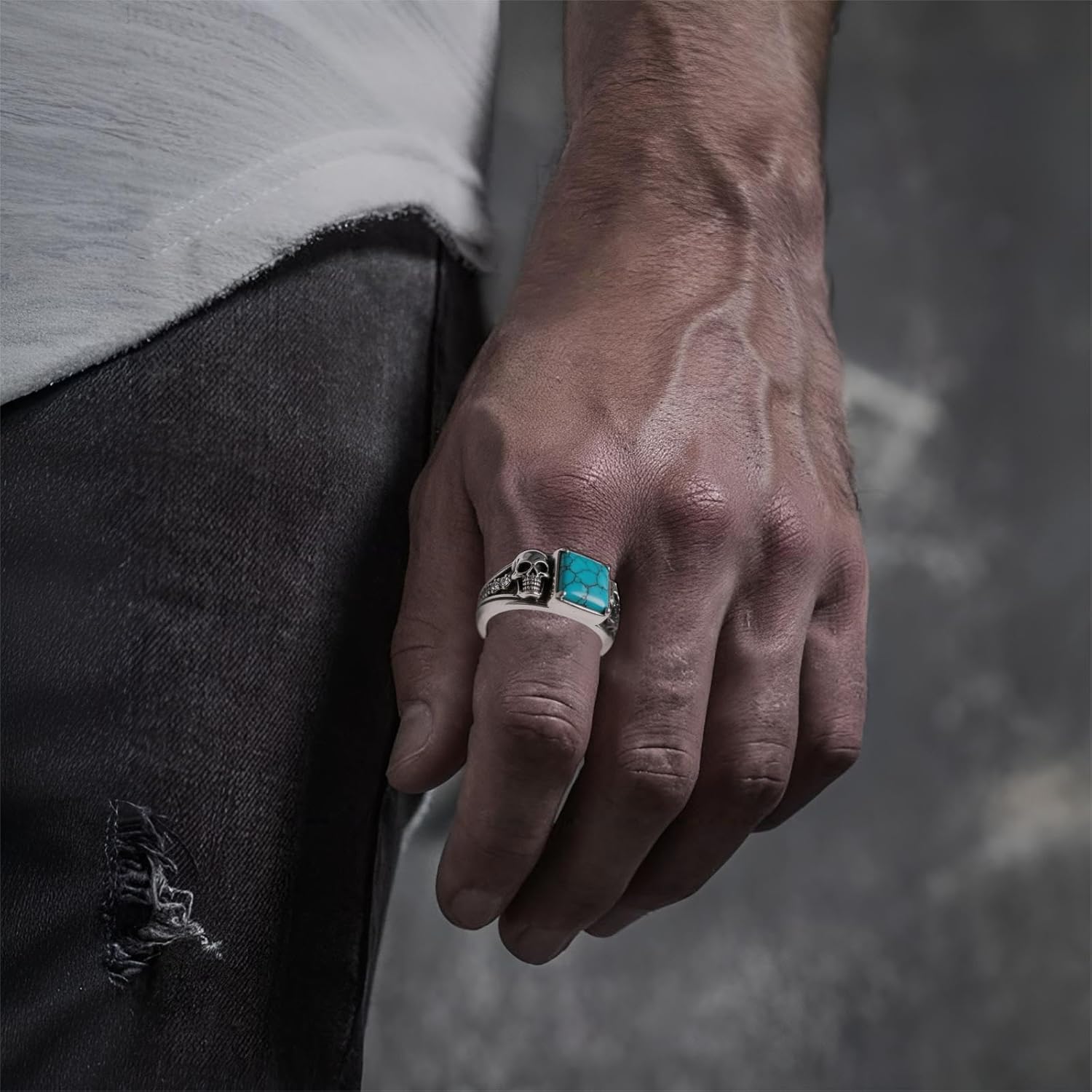 Diamond Skull Genuine Turquoise Personalized Name Ring for Men,925 Sterling Silver Vintage Real Natural Gemstone Pinky Thumb Western Nautical Band Ring for Dad Father Husband Turquoise Skull Lover, Size 6-14