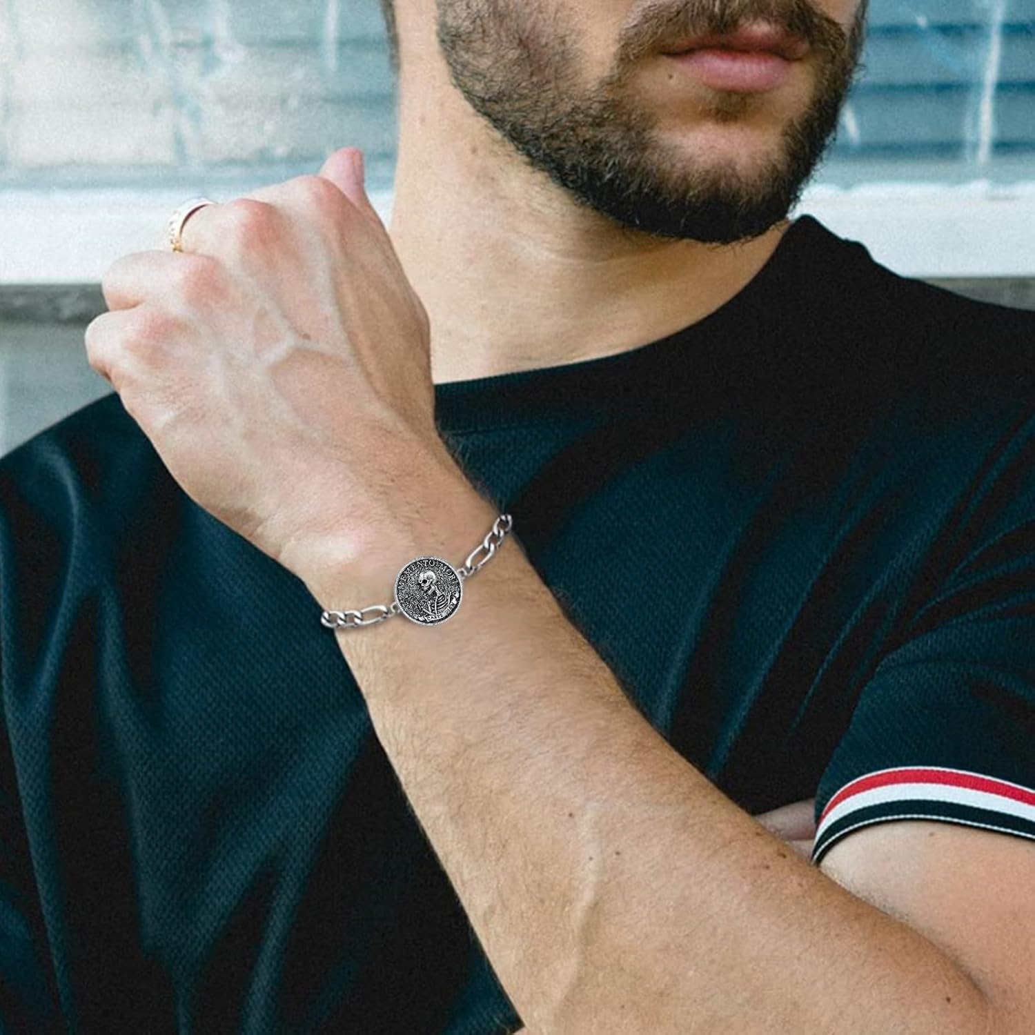 PELOVNY Memento Mori Bracelet 925 Sterling Silver Skull Bracelet Carpe Diem Anklet Stoic Skull Jewelry Stoicism Gifts for Men Women Unisex