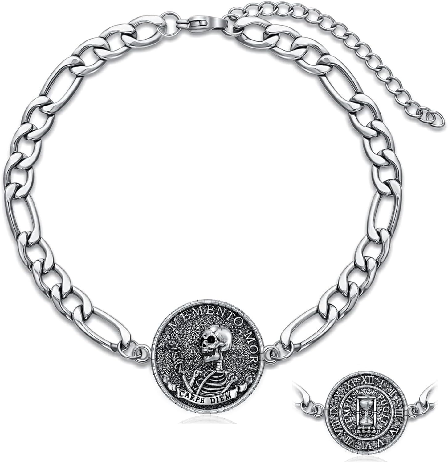 PELOVNY Memento Mori Bracelet 925 Sterling Silver Skull Bracelet Carpe Diem Anklet Stoic Skull Jewelry Stoicism Gifts for Men Women Unisex