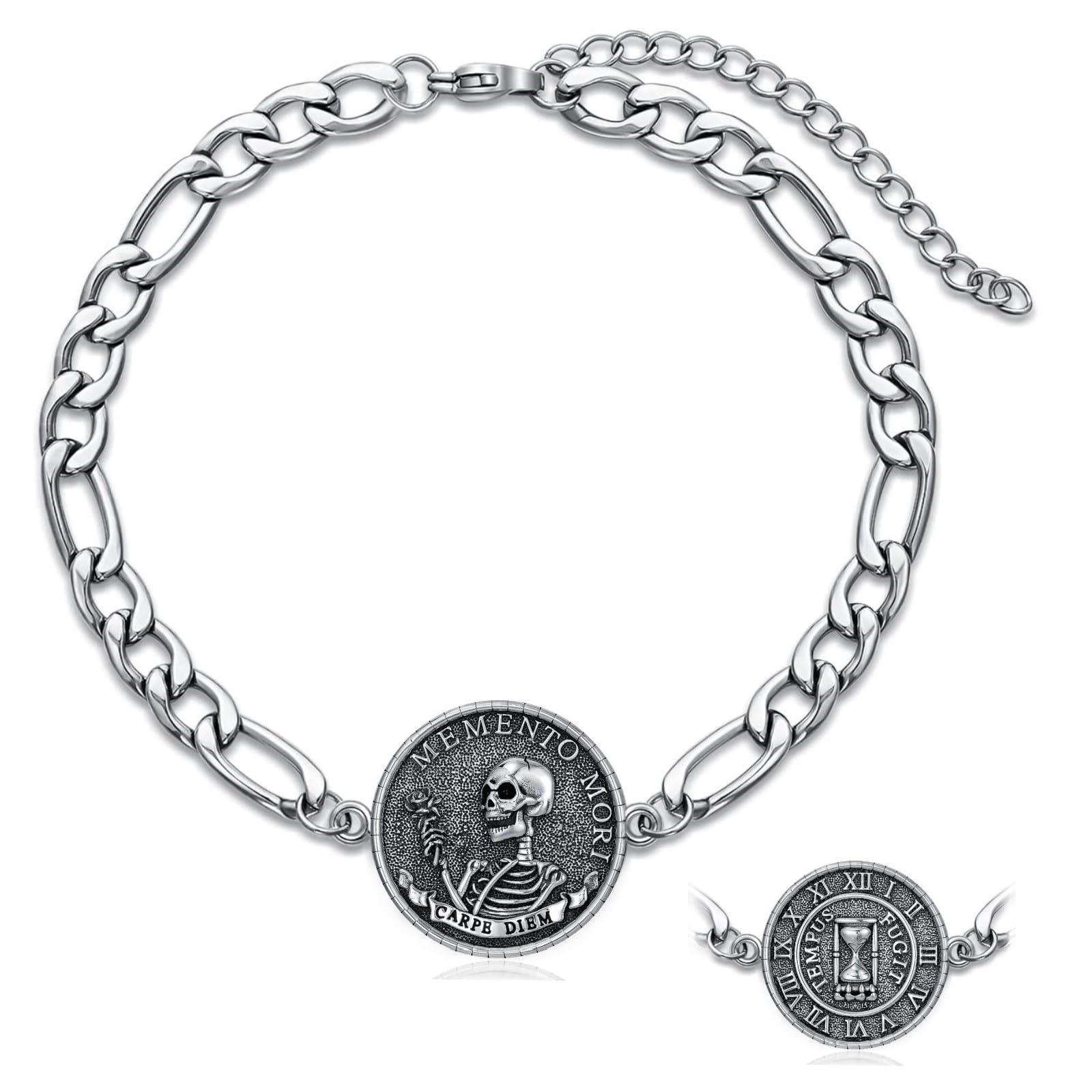PELOVNY Memento Mori Bracelet 925 Sterling Silver Skull Bracelet Carpe Diem Anklet Stoic Skull Jewelry Stoicism Gifts for Men Women Unisex