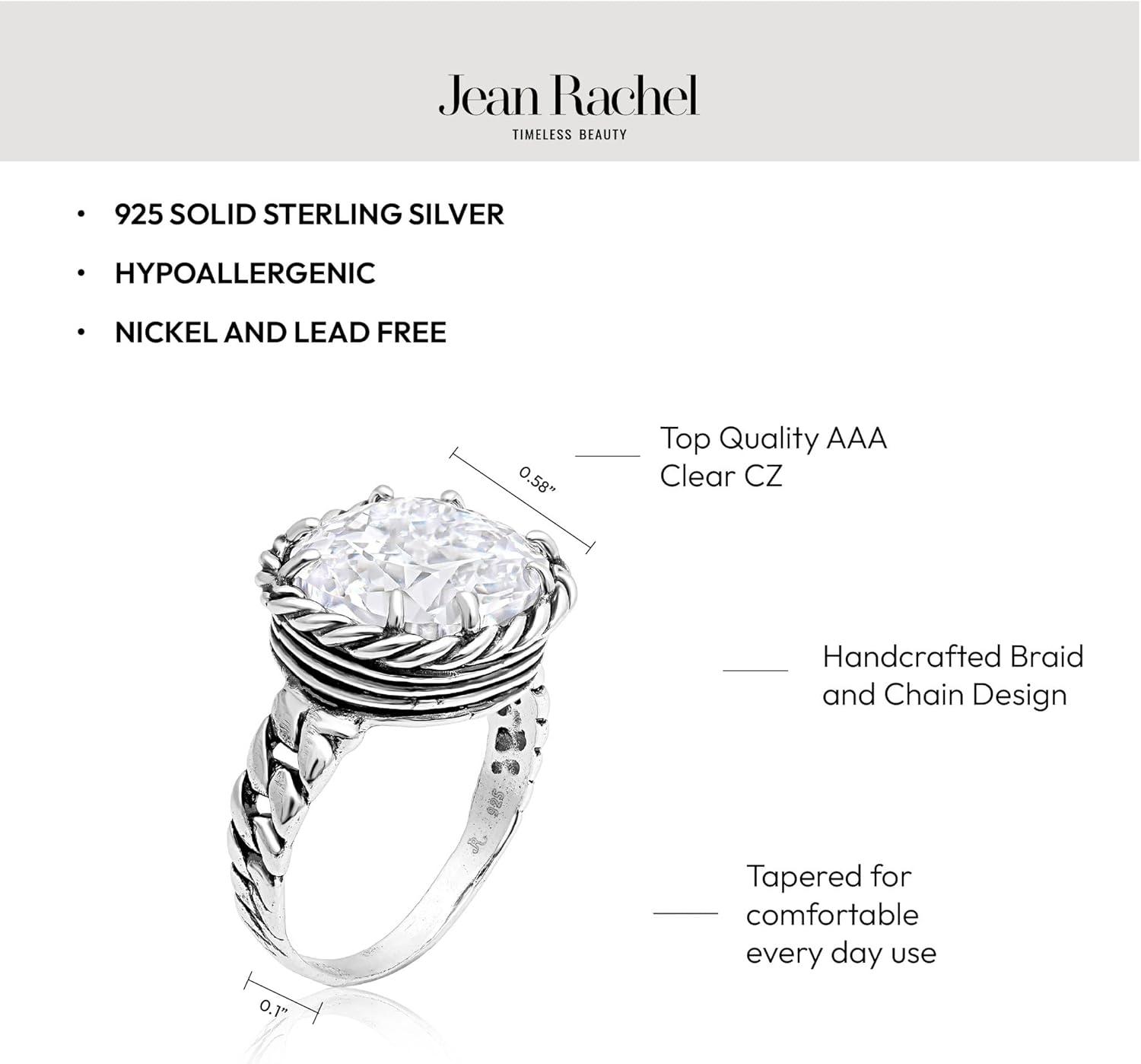 JEAN RACHEL JEWELRY 925 Sterling Silver Ring - Braid Chain with Cubic Zirconia Vintage Design - Hypoallergenic, Lead & Nickel Free - Artisan Handcrafted Statement Rings for Women