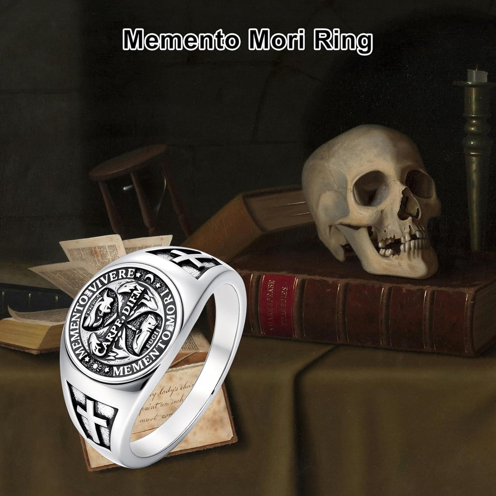 PELOVNY Memento Mori Signet Rings 925 Sterling Silver Gothic Skull Ring Stoic Momento Mori Jewelry Gifts for Men Women