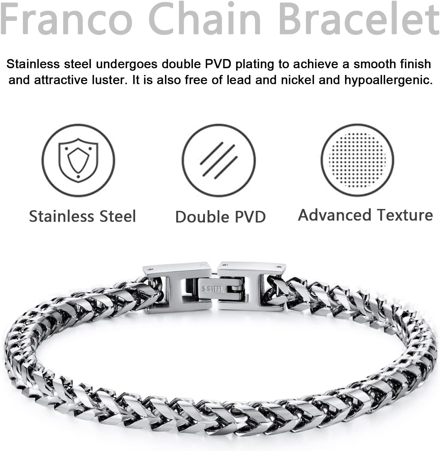 Mens Bracelet - Stainless Steel Fold Over Clasp Franco Chain Bracelets for Men Jewelry Gifts for Dad Grandpa Husband