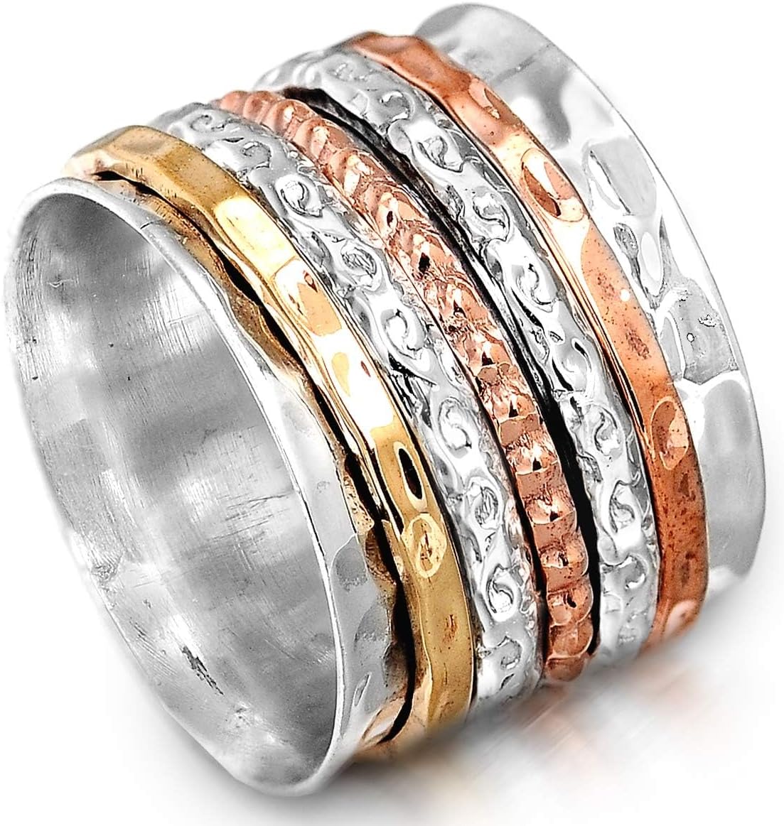 Boho-Magic 925 Sterling Silver Spinner Ring for Women with Copper and Brass Bands – Handmade Silver Band Ring for Everyday Wear, Comfort, and Style