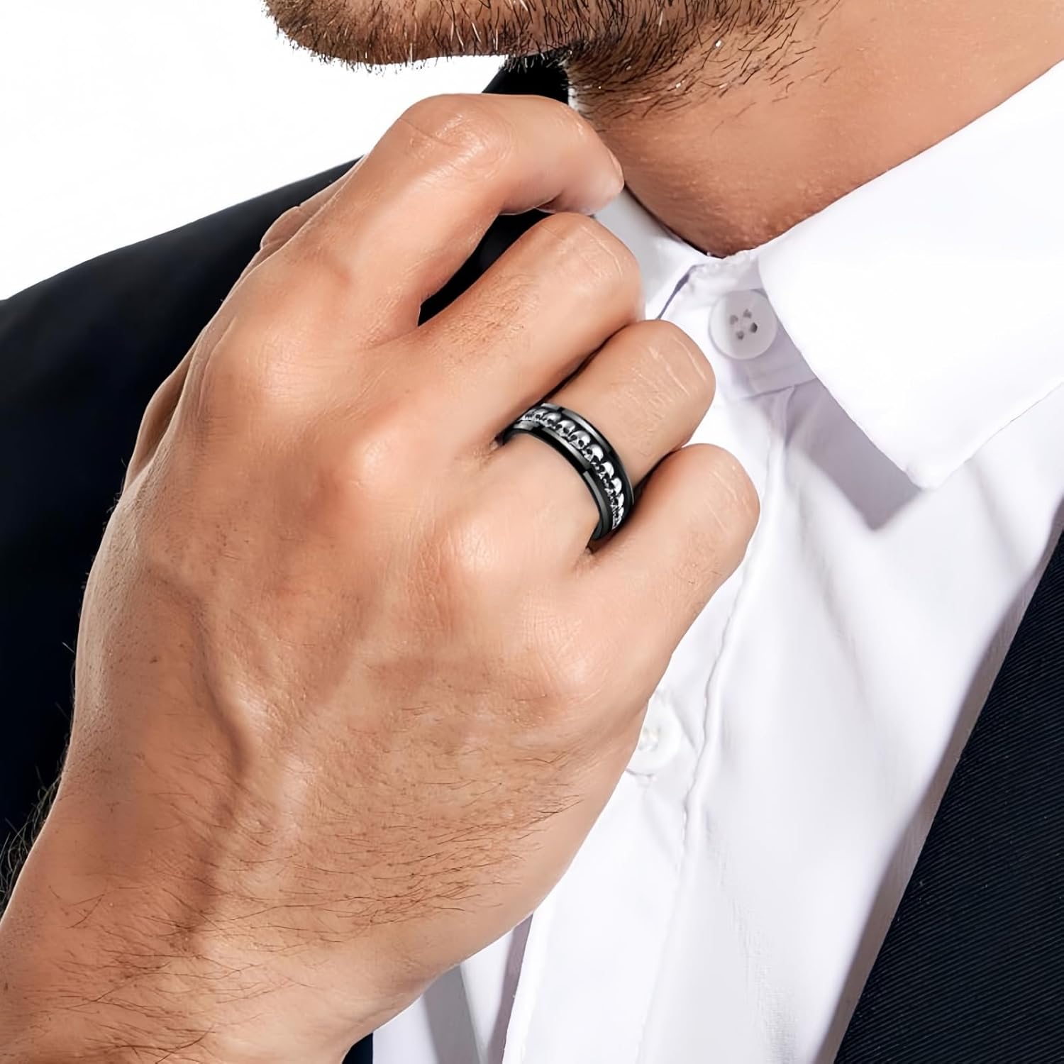 NUNCAD Personalized Mens Rings Sterling Silver Skull Inlay Black/Silver Tungsten Carbide Band 8mm Gothic Demon Skeleton Engraved Band Viking Jewelry Gift Comfort Fit Size 8-13