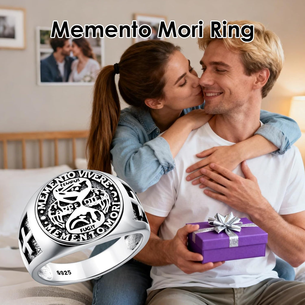 PROESS Memento Mori Ring 925 Sterling Silver Skull Hourglass Ring Memento Mori Jewelry Gifts for Women Men for Christmas Father's Day Size 7-10
